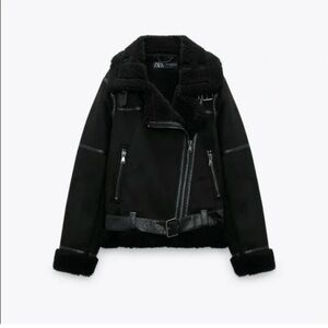 NWOT Zara Black Shearling Moto Biker Jacket